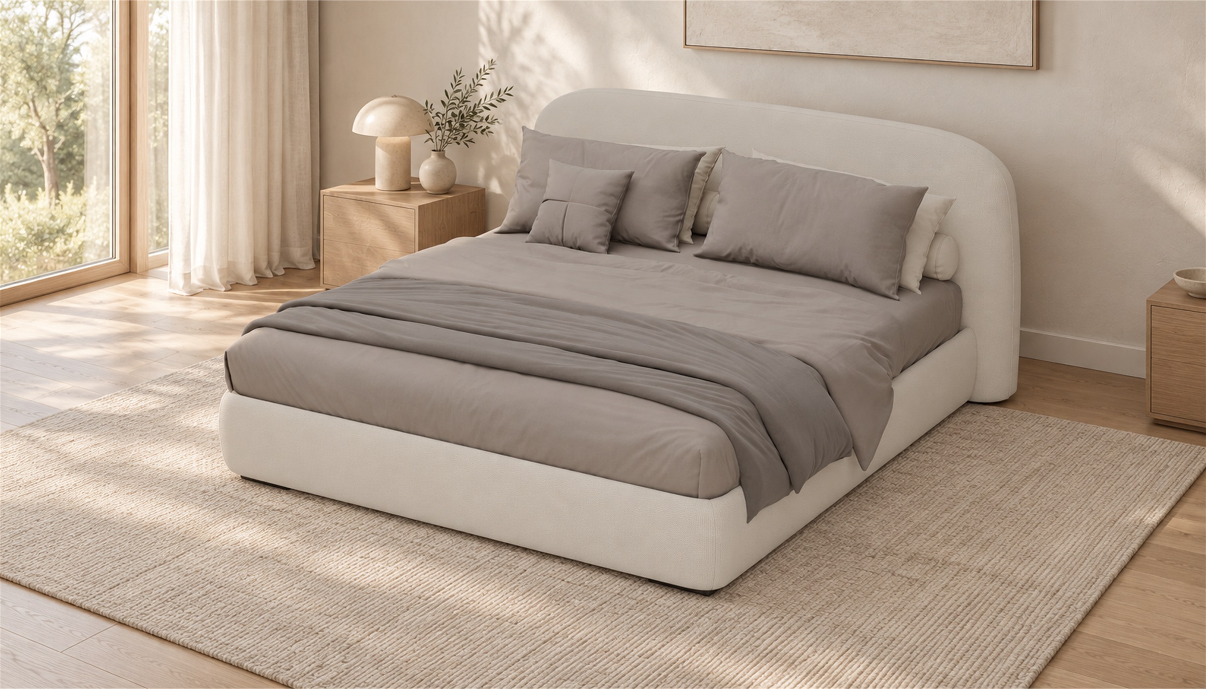 Кровать Loveseat в светлом интерьере спальни — AI-визуализация