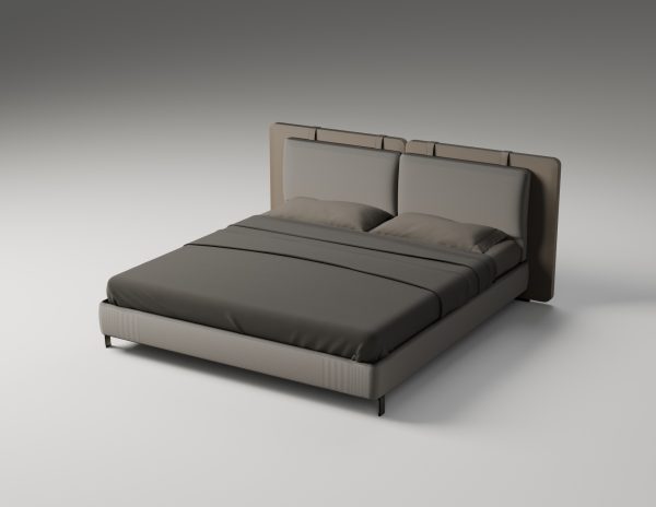 Кровать Linea Soft — две мягкие панели изголовья с декоративными ремнями, серая фактурная обивка, 3D-визуализация