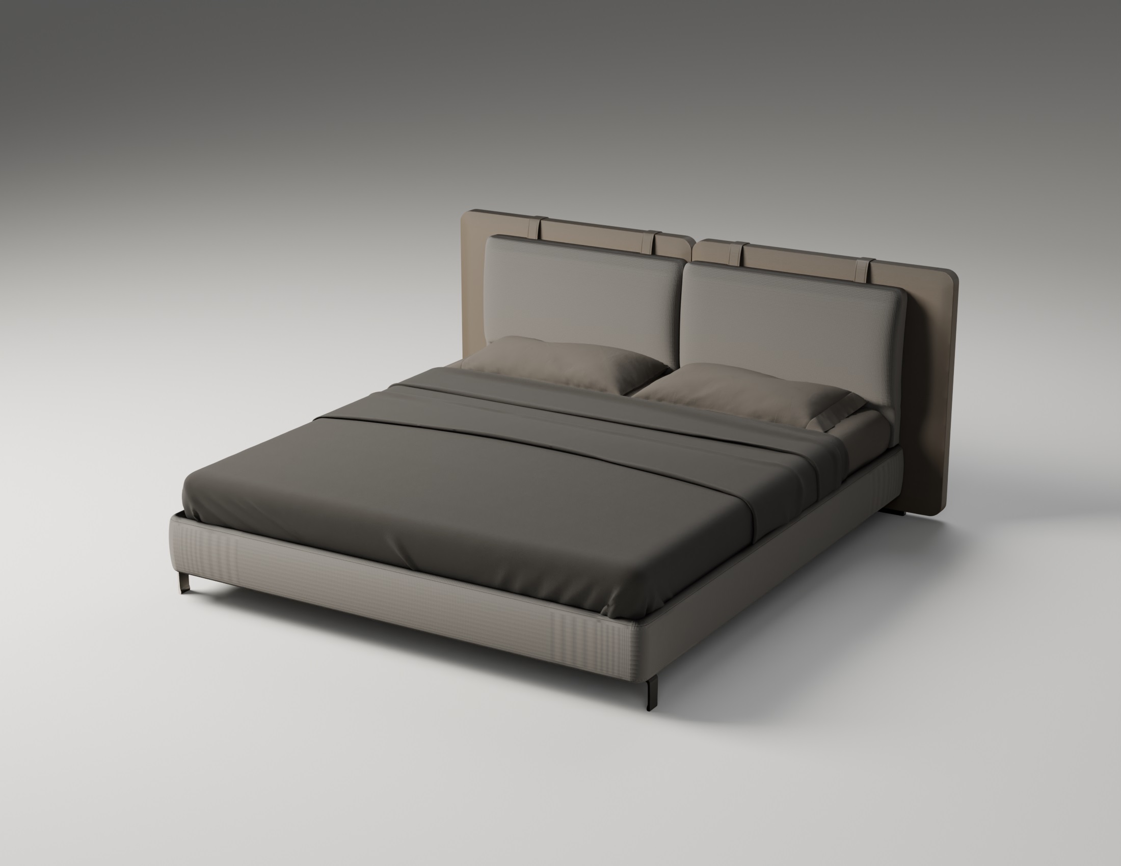 Кровать Linea Soft — две мягкие панели изголовья с декоративными ремнями, серая фактурная обивка, 3D-визуализация