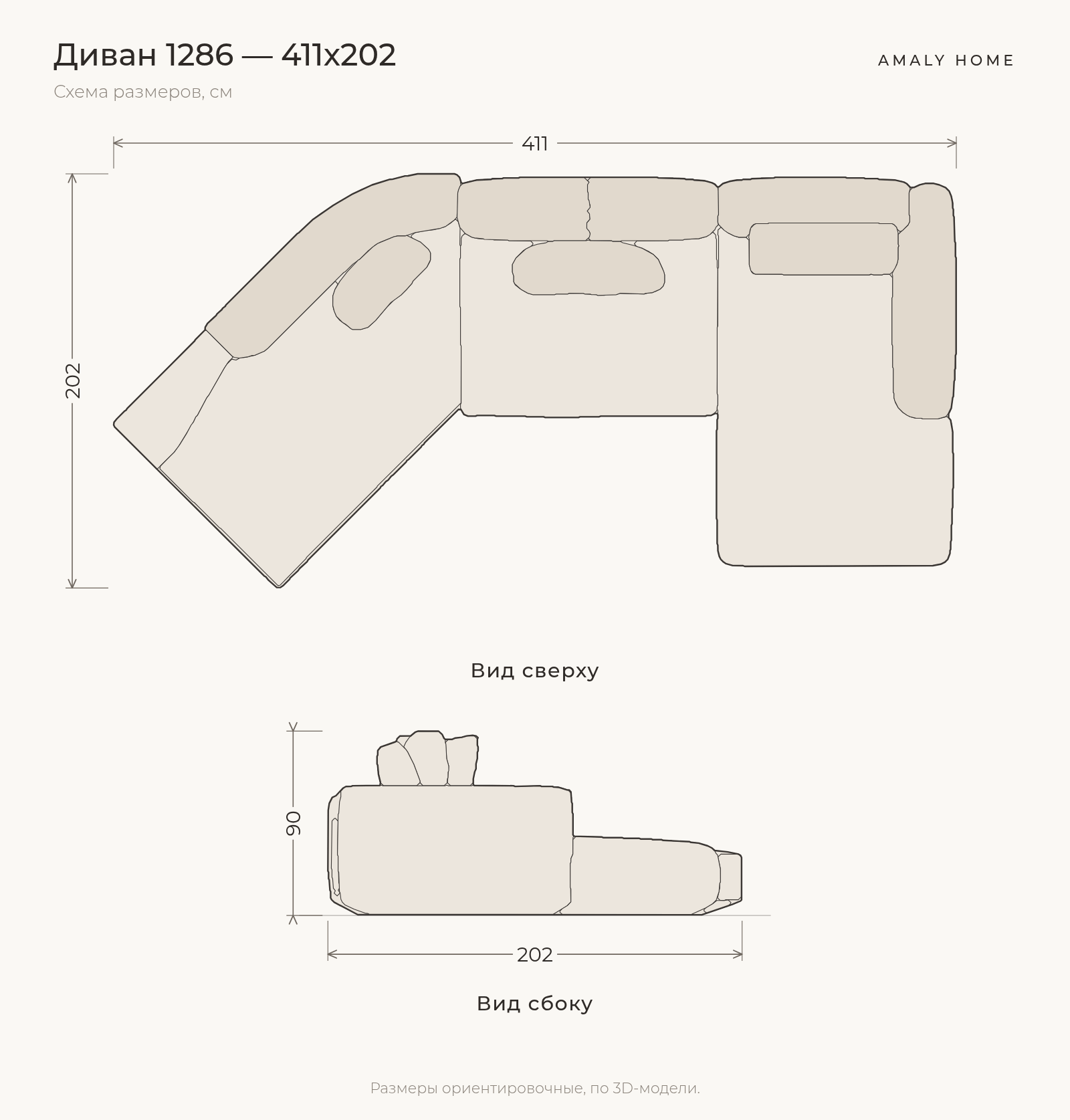 Схема размеров дивана 1286 — 411×202 см