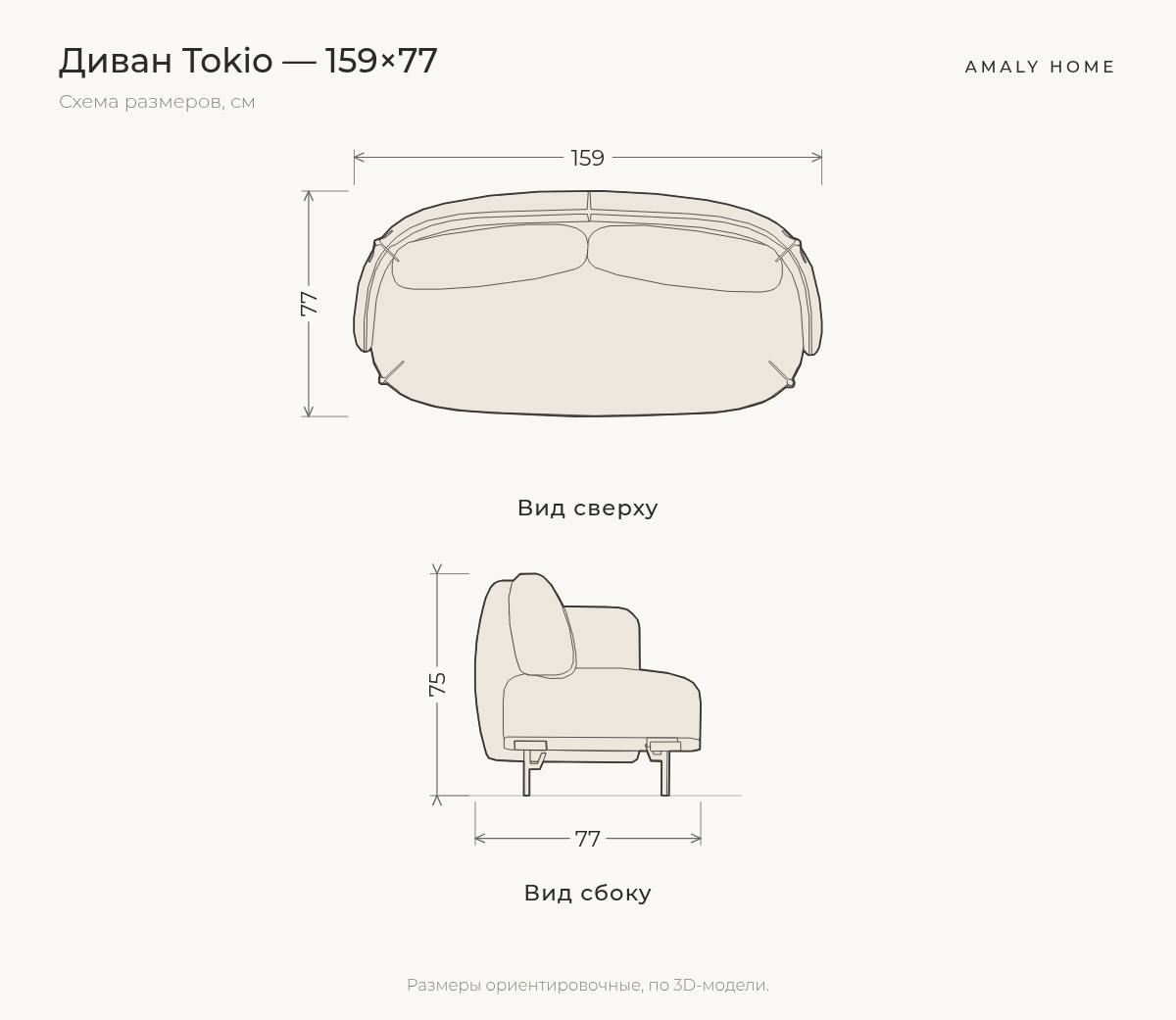 Tokio диванының өлшем сызбасы, 159×77 см